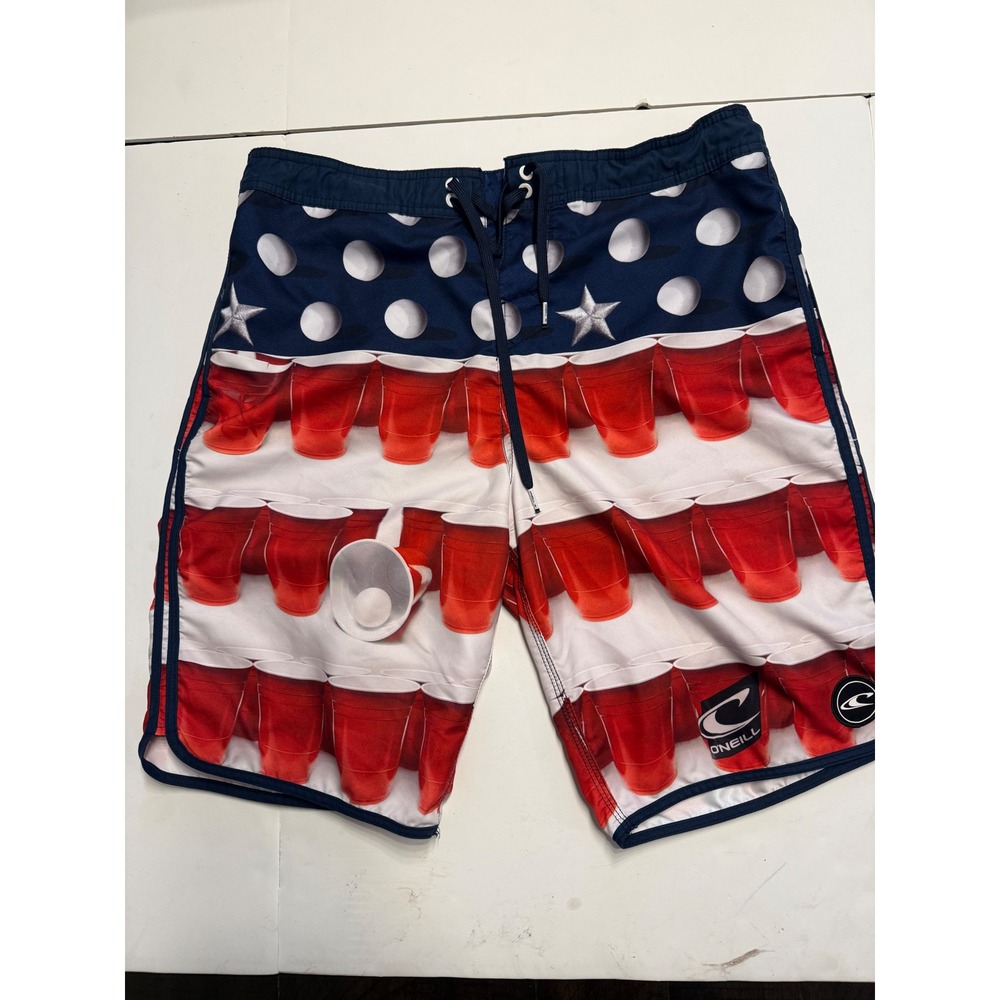 O'Neill Mens Red Solo Cup Beer Pong American Flag Board Shorts Size 34 Patriotic